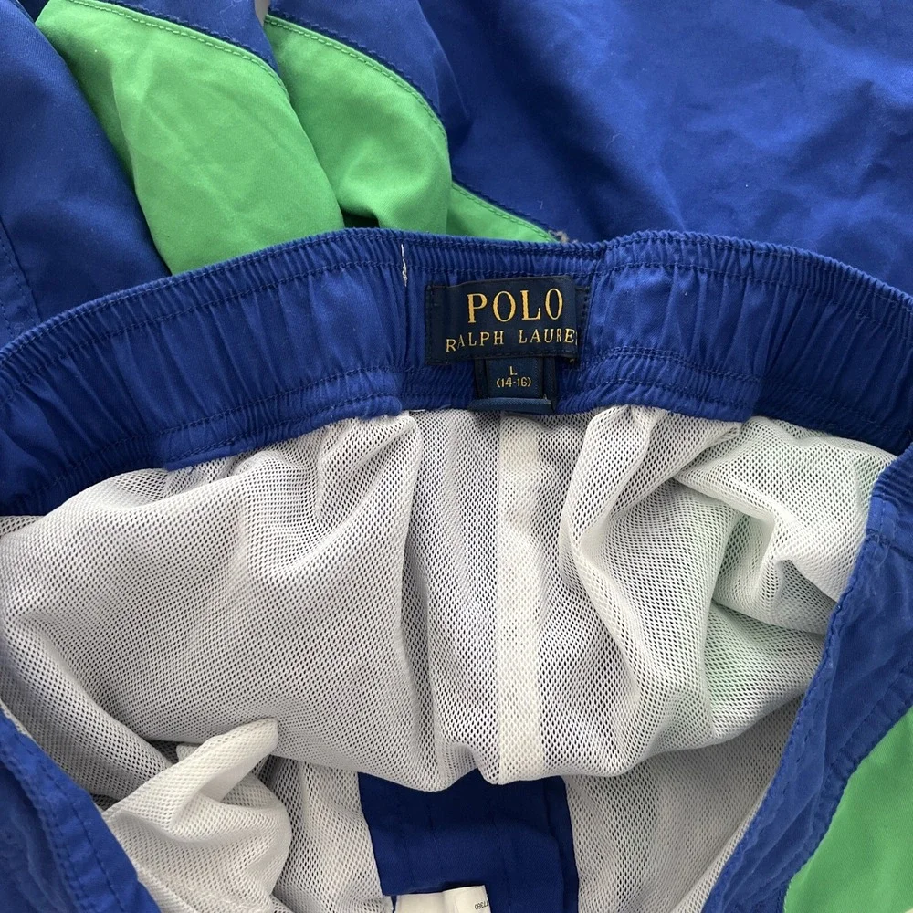 Boys Swimwear Sz L 14/16 Polo Ralph Lauren Logo Green Stripe Lined Stretch Retro